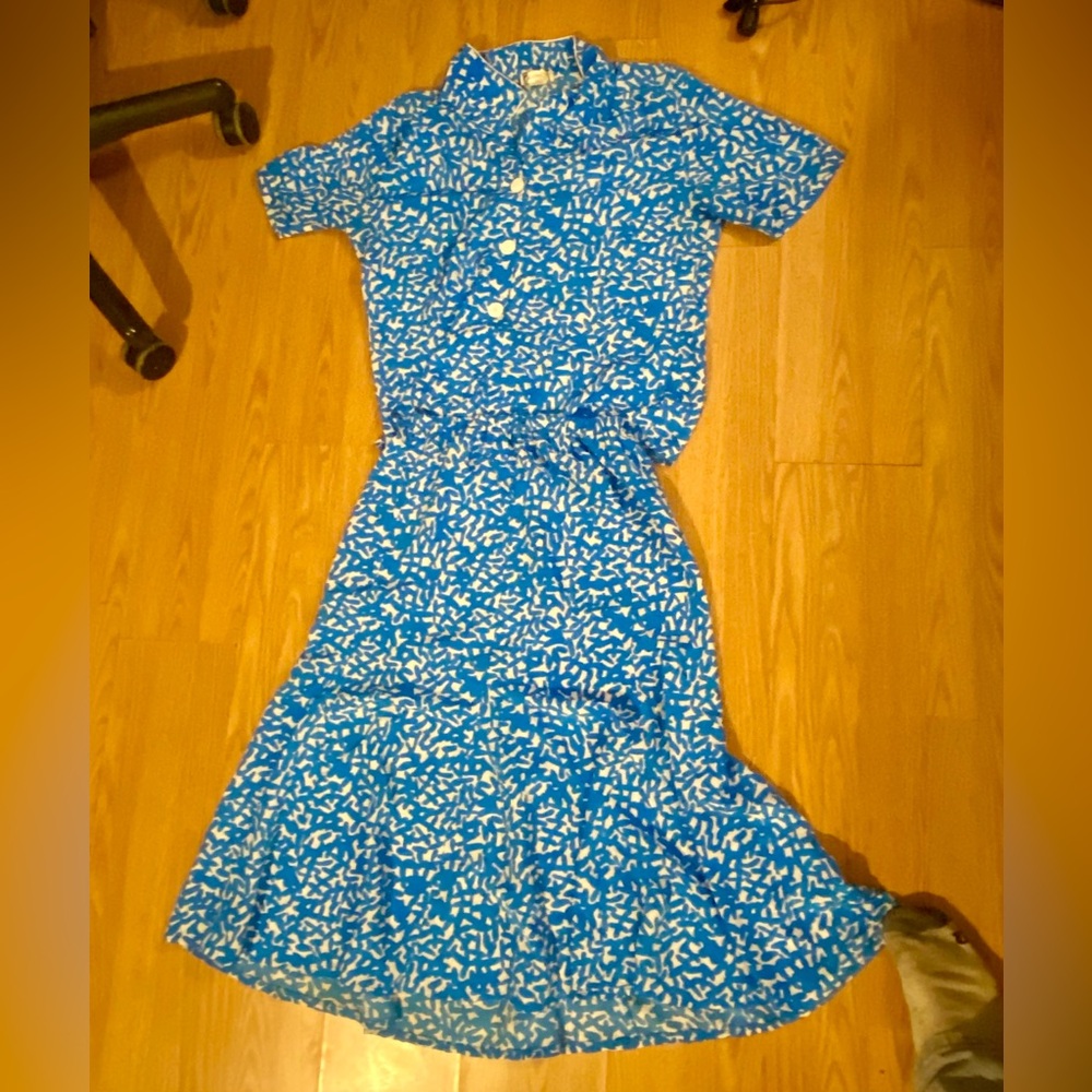 Vintage Campus Casuals Blue White Abstract Skirt Set Co-ord 2pc Medium